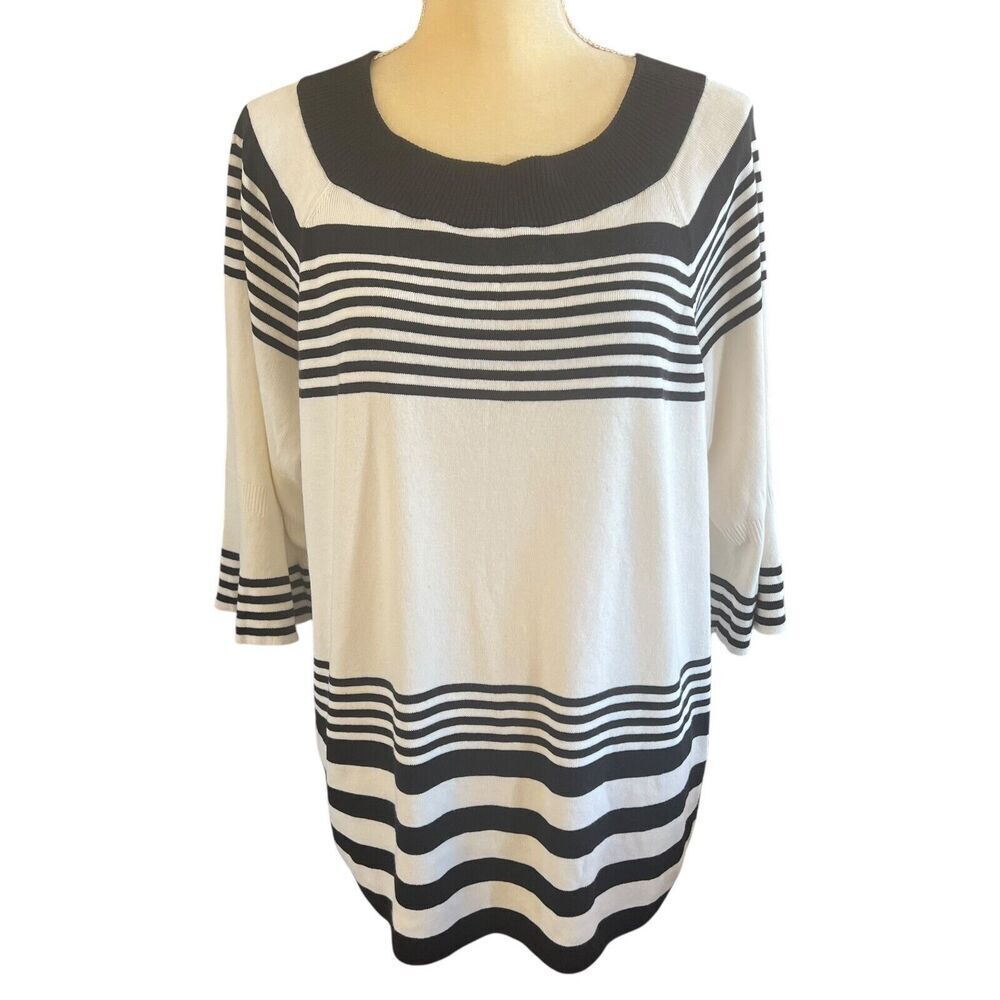 Talbots Woman Tunic Top Striped Knit‎ 3/4 Sleeve Boat Neck Black / Cream Size 3X